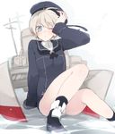  ;( ahoge blonde_hair blue_eyes dress hands_on_own_face hat kantai_collection long_sleeves looking_at_viewer machinery neckerchief one_eye_closed panties pantyshot pantyshot_(sitting) sailor_collar sailor_dress sailor_hat short_hair sino_(sionori) sitting solo underwear white_panties z1_leberecht_maass_(kantai_collection) 