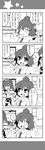  2girls 4koma :d bad_id bad_pixiv_id checkered checkered_skirt comic commentary_request eighth_note greyscale hat highres himekaidou_hatate monochrome multiple_girls musical_note necktie open_mouth shameimaru_aya short_hair short_sleeves sitting skirt smile thighhighs touhou translation_request twintails yuuki._(limit) 