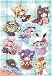  6+girls :3 ? anger_vein animal_ears animal_print arm_strap ball bat_wings black_hair blonde_hair blue_dress blue_hair bow cat cat_ears cat_tail chestnut_mouth chibi closed_eyes dango dress drooling eating eighth_note fang flying_sweatdrops food fruit green_hair hair_ornament hairband hat hat_ribbon heart heart_hair_ornament hinanawi_tenshi houraisan_kaguya kaenbyou_rin kaenbyou_rin_(cat) kemonomimi_mode komeiji_satori long_hair long_sleeves lying mirror mob_cap mouth_hold multiple_girls musical_note neko_yume on_back open_mouth paw_print peach pink_eyes pink_hair purple_hair remilia_scarlet ribbon ritual_baton rod_of_remorse rope saigyouji_yuyuko sanshoku_dango sash shiki_eiki shimenawa shirt short_hair silver_hair skewer skirt sleeping smile sparkle spoken_exclamation_mark spoken_question_mark tail tail_wagging third_eye tiger_ears tiger_print tiger_tail touhou toyosatomimi_no_miko triangular_headpiece very_long_hair wagashi wide_sleeves wings yasaka_kanako yellow_eyes zzz 