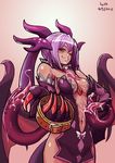  2015 blush breasts claws collar cowboy_shot dated demon_girl demon_horns demon_tail demon_wings detached_collar extra_mouth extra_tongue horns jabberwock_(monster_girl_encyclopedia) large_breasts long_hair lutherniel monster_girl monster_girl_encyclopedia navel one_eye_closed pelvic_curtain purple_hair red_eyes saliva slit_pupils solo suggestive_fluid tail tongue tongue_out wings 