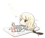  blonde_hair blue_skirt chibi commentary_request crop_top crop_top_overhang detached_sleeves futon hairband highres inishie kantai_collection long_hair lying miniskirt on_back pleated_skirt shimakaze_(kantai_collection) simple_background skirt sleepy solo striped striped_legwear thighhighs white_background 