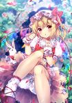  blonde_hair bloomers bunny dress flandre_scarlet flower hat hat_ribbon looking_at_viewer mob_cap open_mouth petals puffy_short_sleeves puffy_sleeves red_dress red_eyes ribbon riichu sash shirt short_sleeves side_ponytail solo sparkle touhou underwear upskirt wings wrist_cuffs 