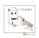  1girl artist_name commentary kantai_collection kashiwa_mochi_(food) kodomo_no_hi koinobori long_hair monochrome moomin muppo no_mouth northern_ocean_hime sazanami_konami simple_background solo twitter_username white_background 