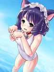  animal_ears bell black_hair cat_ears cat_tail collar curly_hair cyan_(show_by_rock!!) day green_eyes noukou one-piece_swimsuit paw_pose school_swimsuit show_by_rock!! solo swimsuit tail white_school_swimsuit white_swimsuit 