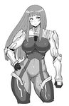 1girl bangs blunt_bangs bodysuit breasts curvy female hand_on_hip ken_marinaris large_breasts long_hair monochrome pilot_suit simple_background solo standing synecdoche white_background wide_hips zone_of_the_enders zone_of_the_enders_2 
