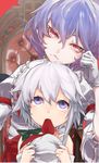  alternate_eye_color blue_hair bow braid fang gloves gradient_hair hair_bow hair_ornament izayoi_sakuya kumonji_aruto long_sleeves looking_at_another looking_at_viewer looking_up mouth_hold multicolored_hair puffy_sleeves purple_eyes purple_hair red_eyes remilia_scarlet short_hair silver_hair slit_pupils sweatdrop tears throne touhou twin_braids white_gloves younger 