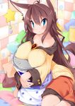  animal_ears blue_eyes blush breasts brooch brown_hair can collarbone highres imaizumi_kagerou jewelry koha large_breasts long_hair long_sleeves looking_at_viewer pillow pillow_hug shirt sitting skirt soda_can solo star tail touhou very_long_hair wariza wide_sleeves wolf_ears wolf_tail 