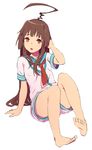 ahoge arm_support barefoot brown_eyes brown_hair feet full_body hand_on_own_head highres huge_ahoge kantai_collection kuma_(kantai_collection) long_hair neckerchief open_mouth sailor_collar school_uniform serafuku shorts simple_background sitting solo white_background youmak 