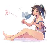  bare_legs bare_shoulders barefoot blush brown_eyes brown_hair daito fan fanning_face hot i-401_(kantai_collection) jpeg_artifacts kantai_collection legs off_shoulder open_mouth paper_fan school_swimsuit short_hair sitting solo strap_slip sweat swimsuit swimsuit_under_clothes uchiwa 