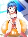  :d ball between_thighs bikini blue_hair blurry braid breasts dated depth_of_field exercise_ball french_braid from_above front-tie_top idolmaster idolmaster_million_live! kabayaki_unagi lens_flare looking_at_viewer looking_up nanao_yuriko navel open_mouth side-tie_bikini sitting small_breasts smile solo string_bikini sweat swimsuit twitter_username white_bikini yellow_eyes 