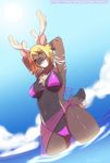  2015 anthro antlers beach blonde_hair brown_fur camel_toe cervine chest_tuft cleavage clothed clothing cloud ear_piercing female fur hair horn mammal piercing reindeer sea seaside sky solo swimsuit tokifuji tuft water wet yellow_eyes 