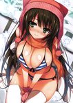  absurdres areola_slip areolae bikini black_hair blue_bikini breasts covered_nipples gloves highres large_breasts long_hair looking_at_viewer orange_scarf scarf smile snow solo striped striped_bikini swimsuit thighhighs tomose_shunsaku very_long_hair white_legwear winter_clothes 