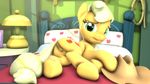  2015 3d animal_genitalia applejack_(mlp) bedroom blonde_hair cgi cutie_mark earth_pony equine female freckles friendship_is_magic fruitymilk green_eyes hair hat horse looking_at_viewer lying mammal my_little_pony nude pony presenting pussy solo 