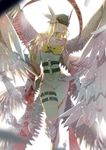  angewomon arms_at_sides artist_name asymmetrical_legwear backlighting bare_shoulders belt blindfold blonde_hair blurry bodysuit bokeh boots breasts buckle center_opening cleavage covered_eyes depth_of_field detached_collar digimon expressionless feathered_wings feathers gloves hagoromo helmet jewelry leg_belt long_hair low_wings medium_breasts multiple_wings navel parted_lips pink_lips ring runes shawl side_cutout simple_background single_glove solo standing standing_on_one_leg stomach strapless thigh_strap white_background white_footwear white_gloves white_wings winged_helmet wings winni_wc wrist_wings writing 