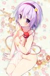  banned_artist blush breasts collarbone covering flower hairband heart komeiji_satori konomi_(kino_konomi) nipples nude_cover purple_eyes purple_hair see-through sitting small_breasts solo third_eye touhou towel wet wet_hair 