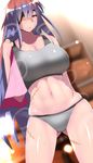  breasts eyepatch grey_panties highres large_breasts long_hair navel original panties pink_eyes purple_hair scar shiny shiny_skin skindentation solo souma_(ordures) sports_bra sweat underwear underwear_only very_long_hair 