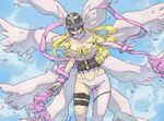  1girl angel angewomon bare_shoulders blonde_hair blush bodysuit breasts cleavage digimon female helmet hetero huge_breasts long_hair navel navel_cutout sky solo wind wing winged_helmet wings 