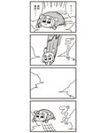  1girl 4koma :3 bad_id bkub cloud comic diving flying gameplay_mechanics greyscale highres mario_(series) monochrome poptepipic short_hair sidelocks sky solo super_mario_bros. translated two_side_up 
