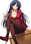  absurdres blue_hair breasts brown_eyes business_suit cleavage crossed_legs formal high_heels highres large_breasts long_hair pantyhose pointer simple_background smile solo suit teacher tomose_shunsaku white_background 