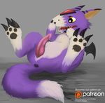  2015 anus bat_wings black_skin black_stripes claws digimon dorumon dradgien erection feral fur invalid_tag lying male monster on_back open_mouth patreon pawpads paws penis purple_fur solo teeth tongue white_fur wings yaroul yellow_eyes 