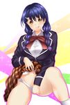  bad_id bad_pixiv_id blazer blue_eyes bow braid brown_eyes hair_ornament hairclip highres jacket licking_lips long_hair long_sleeves navel panties school_uniform shirt shokugeki_no_souma sitting skirt smile solo tadokoro_megumi tongue tongue_out tootsuki_saryou_ryouri_gakuen_uniform twin_braids underwear white_panties x&amp;x&amp;x 