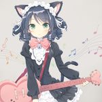  animal_ears beamed_sixteenth_notes bell black_hair blush bow cat_ears cat_tail curly_hair cyan_(show_by_rock!!) dress drill_hair eighth_note green_eyes guitar heart_guitar instrument jingle_bell looking_at_viewer musical_note peko pink_bow quarter_note show_by_rock!! smile solo strawberry_heart tail treble_clef 