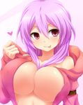  :p arm_strap between_breasts breasts carro_(watarui) center_opening cleavage heart highres hood hood_down hoodie large_breasts naked_hoodie open_clothes original pink_hair red_eyes solo tongue tongue_out upper_body watarui 
