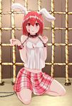  animal_ears bad_id bad_twitter_id banned_artist bare_shoulders bdsm blood bondage bound bound_wrists bunny_ears chain collar cuffs cuffs-to-collar highres kneeling looking_at_viewer midriff minagiku navel on_floor open_mouth original plaid plaid_skirt red_eyes red_hair shackles skirt solo 
