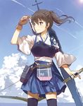  bow_(weapon) brown_eyes brown_hair cloud day highres japanese_clothes kaga_(kantai_collection) kantai_collection muneate side_ponytail skirt sky solo stflash thighhighs water weapon zettai_ryouiki 