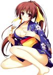  absurdres barefoot breasts brown_eyes brown_hair cleavage fan floral_print highres japanese_clothes kimono large_breasts long_hair looking_at_viewer paper_fan parted_lips ponytail raised_eyebrows simple_background solo thighs tomose_shunsaku uchiwa white_background yukata 