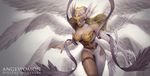  angel_wings angewomon asymmetrical_clothes bare_shoulders belt blonde_hair breastplate breasts character_name cleavage covered_eyes cowboy_shot digimon digimon_adventure elbow_gloves gloves hagoromo head_wings helmet highres large_breasts lips long_hair midriff multiple_belts multiple_wings neos ribbon shawl single_elbow_glove single_pantsleg solo thigh_strap wings 