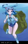  backpack bag blue_eyes blue_footwear blue_hair boots breasts diving full_body hair_bobbles hair_ornament highres holding_breath kawashiro_nitori key large_breasts namauni no_hat no_headwear no_pants rubber_boots school_swimsuit shirt solo swimsuit swimsuit_under_clothes touhou two_side_up underwater 