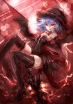  60mai alternate_color bare_shoulders bat_wings black_legwear blue_hair brooch bustier detached_sleeves fang hat high_heels jewelry lightning mob_cap red_eyes red_ribbon remilia_scarlet ribbon short_hair smile solo thighhighs touhou wings 