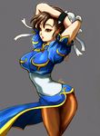  arms_up bracelet breasts brown_eyes brown_hair brown_legwear bun_cover china_dress chinese_clothes chun-li cowboy_shot double_bun dress esther eyeliner jewelry large_breasts makeup pantyhose pelvic_curtain sash short_hair signature slender_waist solo spiked_bracelet spikes street_fighter 