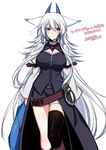  alternate_costume animal_ears arm_belt belt blue_eyes blush breasts dragon_horns dragon_tail flying_sweatdrops fox_ears heterochromia horns konshin large_breasts long_hair looking_at_viewer orange_eyes orie_hakua pixiv_fantasia pixiv_fantasia_new_world short_shorts shorts silver_hair single_thighhigh solo tail thighhighs very_long_hair white_background 