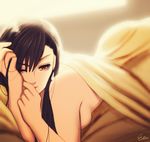  bed black_hair breasts brown_eyes earrings esther eyelashes final_fantasy final_fantasy_vii hand_in_hair jewelry large_breasts long_hair lying naked_sheet on_stomach one_eye_closed signature solo tifa_lockhart waking_up 