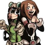  :&gt; :d asui_tsuyu back-to-back black_eyes black_hair blush_stickers bodysuit boku_no_hero_academia brown_eyes brown_hair eyelashes frog_girl gloves goggles goggles_on_head green_bodysuit hands_together long_hair looking_at_another low-tied_long_hair multiple_girls muranami_tsubame open_mouth short_hair smile tongue tongue_out uraraka_ochako white_gloves 