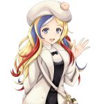  1girl bag beret blonde_hair blue_hair blush breasts commandant_teste_(kantai_collection) french_flag french_text hat highres kantai_collection large_breasts long_hair looking_at_viewer multicolored_hair open_mouth pom_pom_(clothes) red_hair simple_background solo streaked_hair tk8d32 wavy_hair white_background white_coat white_hair 