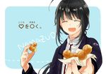  ^_^ ahoge alternate_costume black_hair character_name closed_eyes doughnut food giving heart hoshi_akari male_focus namazuo_toushirou open_mouth pon_de_ring smile solo touken_ranbu translation_request 