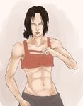  abs absurdres brown_hair commentary english_commentary freckles highres looking_at_viewer midriff muscle navel shingeki_no_kyojin shorts solo tres-iques yellow_eyes ymir_(shingeki_no_kyojin) 