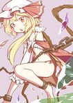  bare_legs barefoot blonde_hair blush chain cuffs detached_sleeves flandre_scarlet hat highres open_mouth panties red_eyes shackles short_hair side-tie_panties side_ponytail sokutenkun solo touhou underwear wings 