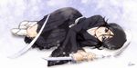  black_hair bleach blue_eyes esther full_body hakama japanese_clothes kuchiki_rukia looking_at_viewer lying on_side ribbon sandals shikai short_sword sode_no_shirayuki_(shikai) solo sword tabi weapon 