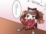  :3 blush blush_stickers brown_eyes brown_hair cable digital_media_player glass headphones ipod kantai_collection magatama partially_translated ryuujou_(kantai_collection) solo spoon tanaka_kusao translation_request twintails visor_cap 