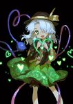  bow dark_background green_eyes hair_over_one_eye hat hat_bow heart heart_hands heart_of_string komeiji_koishi open_mouth seeker solo touhou white_hair 