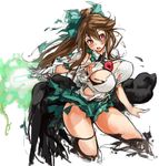  blush bow breasts brown_hair cape hair_bow large_breasts long_hair open_mouth perky_breasts red_eyes reiuji_utsuho sachito simple_background skirt solo third_eye torn_clothes touhou white_background wings 