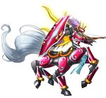  armor bandai bow_(weapon) crossbow digimon digimon_story:_cyber_sleuth full_armor gauntlets horns loincloth monster multiple_legs no_humans official_art purple_eyes purple_hair royal_knights shield simple_background sleipmon solo tail weapon white_background yasuda_suzuhito 