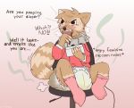  anthro biped blush clothing dialogue diaper english_text feces hoodie humanoid_hands legwear mammal messy_diaper messyszop procyonid raccoon scat sitting socks soiling solo text urine watersports wet_diaper wetting 