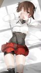 bike_shorts blush brown_hair commentary_request covering_mouth covering_one_eye kantai_collection lying shade short_hair shorts shorts_under_skirt sino_(sionori) solo taihou_(kantai_collection) tears 