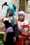  2girls asian breasts capcom chouzuki_maryou cosplay large_breasts lilith_aensland lilith_aensland_(cosplay) morrigan_aensland morrigan_aensland_(cosplay) multiple_girls outdoors photo plump suzuka_itsuki vampire_(game) 