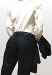  1boy ass ass_focus carrying_clothes from_behind gradient gradient_background grey_background highres jacket jacket_removed male_focus original salaryman shirt simple_background solo suit_jacket wadani_hitonori white_shirt 